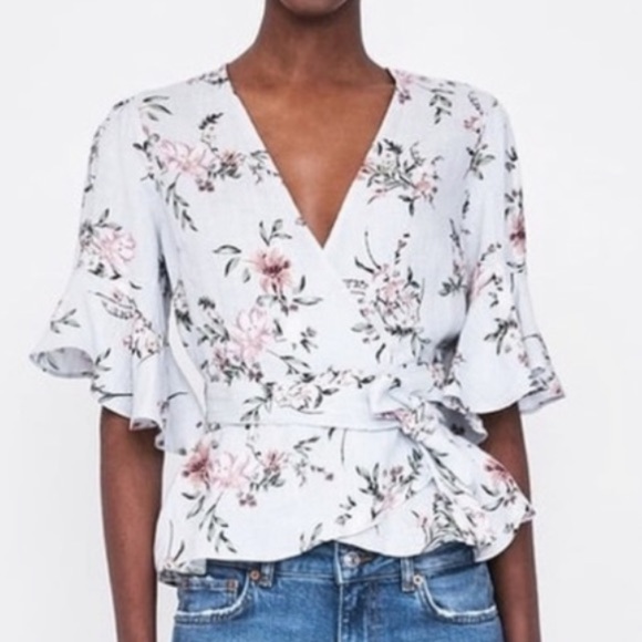 Zara Linen Boho Floral Print Flutter Sleeve Tie Waist Wrap Blouse Top - Picture 1 of 16